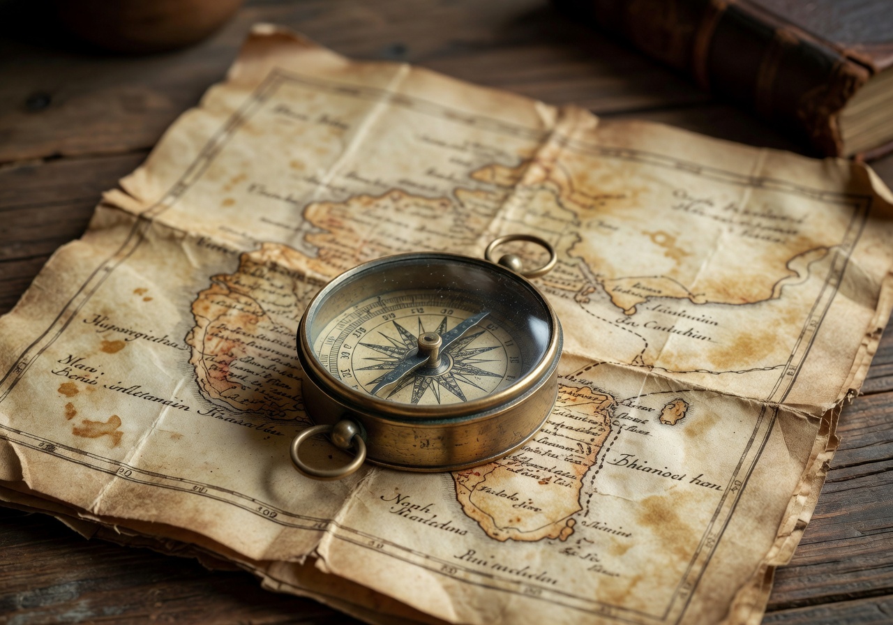 Vintage brass nautical compass resting on an old parchment treasure map